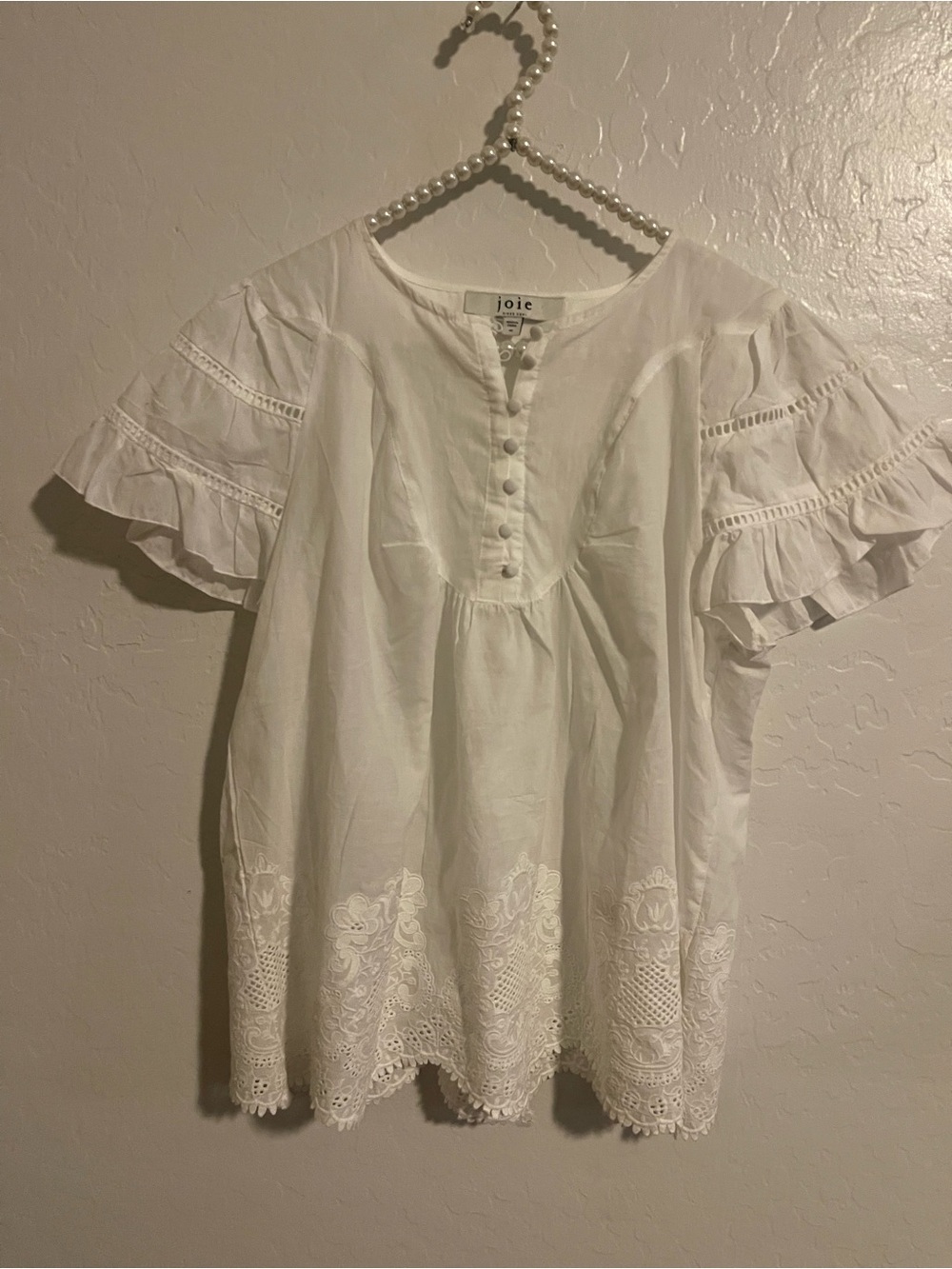 Joie White Eyelet Ruffle Sleeve Cotton Blouse